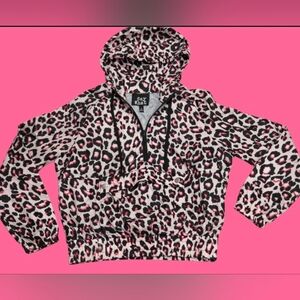Say What Womens Medium Pink/Black/White Leopard Print Hooded Pullover Jacket